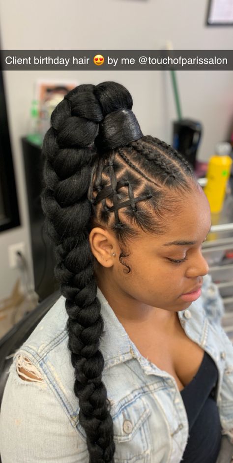 Unique Braided Ponytail Hairstyles, Braids Going Into A Ponytail, High Ponytail Cornrows, Braiding Designs, Female Braids, Beautiful Box Braids, Female Ponytail, Half Braids, Natural Hair Updo Wedding