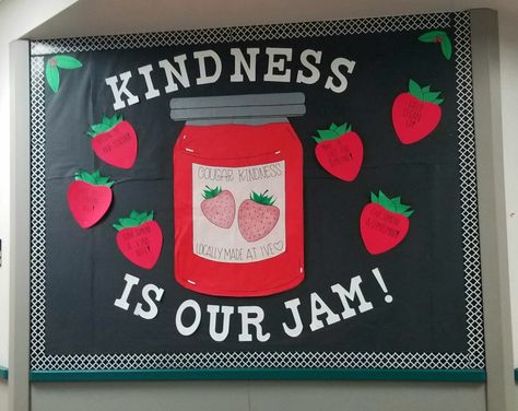 Berry Bulletin Board Ideas, Strawberry Classroom Door, Grocery Store Bulletin Board Ideas, Students Work Bulletin Board, Lunch Lady Bulletin Boards, Lunch Bulletin Board, School Kitchen Decorations, Berry Bulletin Board, School Kitchen Door Decoration