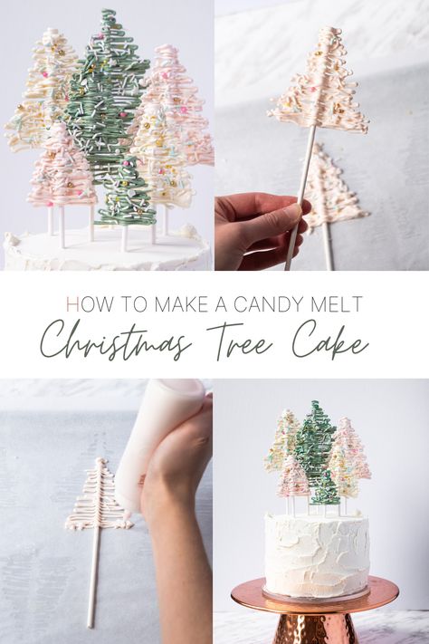 Christmas Tree Cupcake Toppers, Christmas Cakes 2022, Christmas Cake With Trees, Xmas Tree Cake Ideas, Simple Decor Cake, Christmas Tree Cake Decorating Ideas, Christmas Cake Simple Decoration, Christmas Cake Decorations Simple, Snow Cake Design