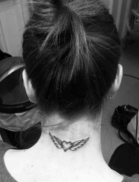 Heart with wings neck tattoo Wings Neck Tattoo Men, Wings Heart Tattoo, Neck Tattoo Wings, Wings Neck Tattoo, Heart Neck Tattoo, Papa Memorial, Behind The Neck Tattoos, Wing Neck Tattoo, Skull Thigh Tattoos