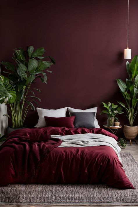 Ready to create a peaceful and inviting space in your bedroom? Get inspired by our collection of 45+ bedroom color palettes From soft and serene to bold and bright, we've got the perfect colors to match your style and create a cozy retreat that's all your own. #PeacefulSpace #BedroomColorPalettes #MakeoverInspiration #ColorInspiration Deep Red Bedroom Walls, Plum Master Bedrooms Decor, Plum Wall Color Master Bedrooms, Berry Wall Color, Deep Color Bedroom, Berry Bedroom Ideas, Apartment Decorating Dark Colors, Black And Burgundy Bedroom Ideas, Bedding Combinations Color Schemes