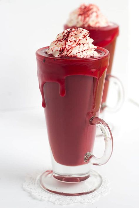 Red Hot Chocolate, Red Velvet Shake, Red Velvet Milkshake, Red Velvet Latte, Red Velvet Hot Chocolate, Halloween Drink, Red Velvet Cake Mix, Blood Splatter, Latte Recipe