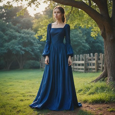 This navy blue Renaissance gown boasts a square royal neckline and long bell sleeves, featuring an extremely fetching grace. It is well-suited to medieval festivals, Viking reenactments, or Steampunk fantasy events. With its flowing silhouette and structured design, it makes for an impressively beautiful yet powerful presence, fitting for both the historical and fantastic. From Renaissance fairs to queen of the Vikings, this beautiful gown fits for timeless style and comfort. This costume gown i Blue Medieval Dress Princesses, Womens Fantasy Clothes, Medieval Royalty Dress, Medival Dresses Aesthetic, Game Of Thrones Outfit Inspiration, Medieval Gowns Royals, Fantasy Gowns Queens, Modern Medieval Fashion, Medieval Dress Royal