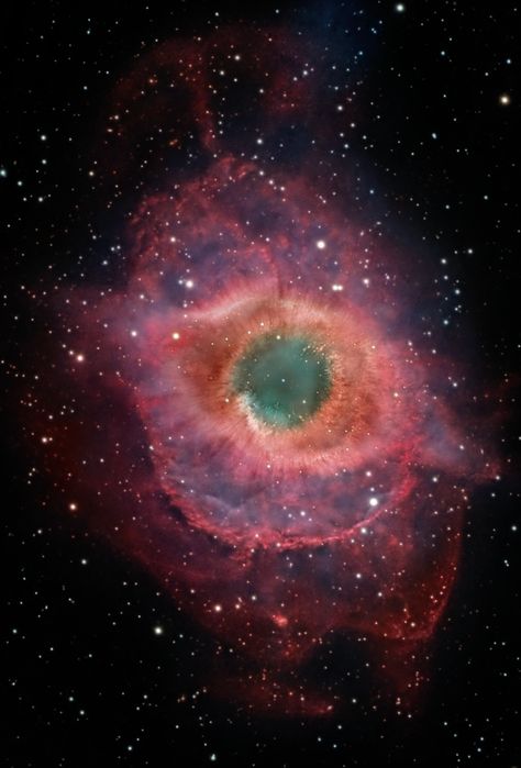 The Helix Nebula (NGC 7293 or also the eye of God): Planetary nebula in the constellation Aquarius with brightness of +6.30. The apparent diameter is specified with 16.0 'x 28.0'. Photo shown here has a diagonal field of view width (FOV) of slightly more than 1 °. The whole structure with all the fine nebulae around is much greater than the usually specified diameter. Picture was stacked from 200 shots h-Alpha & 135 shots RGB with a total exposure time of 37 hrs. Constellation Aquarius, Planetary Nebula, Eye Of God, Helix Nebula, Astronomy Constellations, Astronomy Pictures, Andromeda Galaxy, Universe Galaxy, Hubble Space