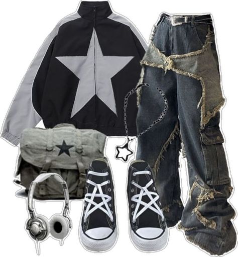 #fashion #stars #grunge #baggy #y2k ? #jeans #jacket #1 #aesthetic #clothes #pinterestfashion #softgrunge #idkwhattocallthisstyledontbemeantomeplz #pinterestgirl #pinterest #style #staraesthetic Star Grunge Aesthetic Clothes, Star Grunge Outfits, Grunge Y2k Outfits Baggy, Cybergrunge Outfit, Y2k Star Outfit, Grunge Outfits Baggy, Star Jeans Outfit, Baggy Grunge Outfit, Grunge Baggy Jeans