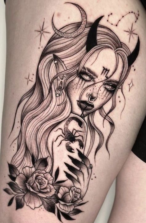 Dark Famine, Virgo Tattoo Designs, Virgo Tattoo, Mom Tattoo Designs, Wicked Tattoos, Scary Tattoos, Tattoo Sleeves, Leg Tattoos Women, Stylist Tattoos