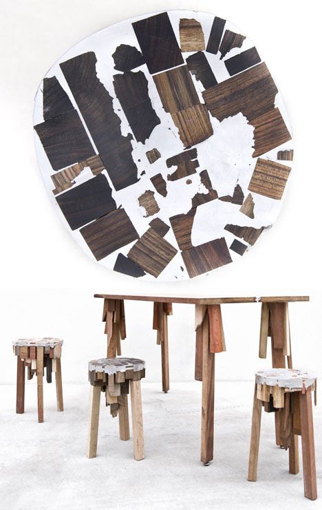 Scrappy Stools & Tables from Junk Tin & Raw Wood Offcuts Furniture Made From Recycled Materials, Wood Offcuts Ideas, Scrap Wood Furniture, Scrap Furniture, Reuse Furniture, Raw Furniture, Reused Furniture, Melted Metal, Recycle Design