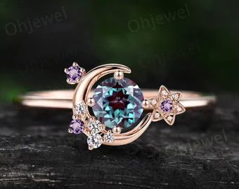 Natural Alexandrite Ring, Colorful Engagement Ring, Alexandrite Engagement Rings, Rose Wedding Ring, Colored Wedding Rings, Amethyst Ring Rose Gold, Moon Engagement Ring, Amethyst Engagement Ring, Star Sapphire Ring