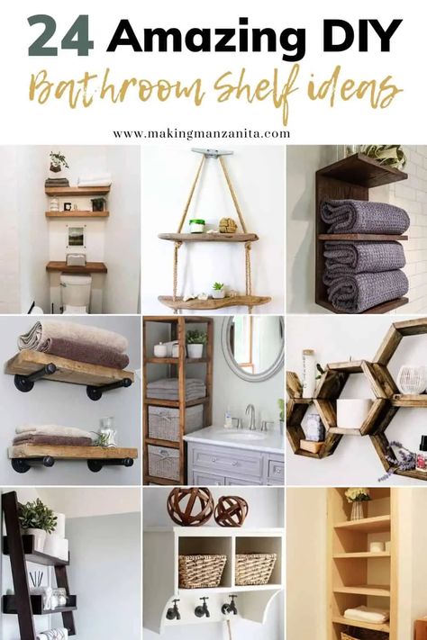 Whether it's a guest bathroom, master bath, or family bathroom, you need storage. Shelving in the bathroom is a great way to add extra storage and unique style to your space. Check out these 24 amazing DIY bathroom shelf ideas for adding storage to your bathroom!