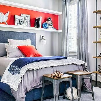 Orange and Blue Boy Room with Long Shelf Over Bed Red Kids Rooms, Teen Boy Bedroom Decor, Boys Room Blue, Teenage Boy Room, Basement Bedroom, Boy Bedroom Design, Teen Boy Bedroom, Bedroom Red, Boys Bedroom Decor