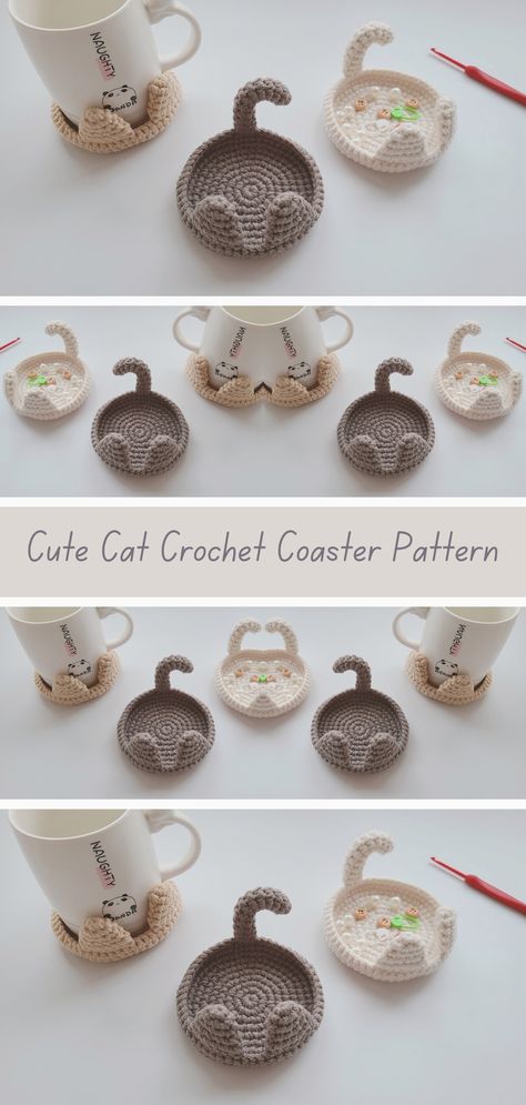 Cute crochet coaster pattern featuring adorable cat design. Perfect for cat lovers. Adds whimsy to home decor. Crochet Cat Trinket Dish, Crochet Cat Pot Holders Free Pattern, Crochet Cup Coaster Pattern, Kitty Coasters Free Pattern, Crochet Cat Mug Rug, Cute Coaster Crochet Pattern Free, Crochet Cup Coasters, Crochet Cat Decor, Crochet Tea Coaster Free Pattern