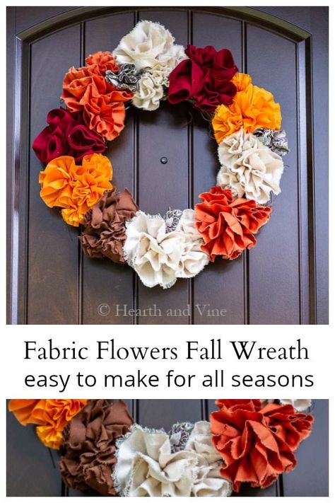 Learn how you can easily make this fabric flower fall wreath by using strips of scrap material or cheap remnants from the fabric store. #diy  #diyhomedecor #falldecor #flowers #wreath Flower Fall, Easy Fall Wreaths, Flowers Wreath, Scrap Fabric Projects, Fabric Wreath, Diy Fall Wreath, Rag Wreath, Scrap Material, Wreath Tutorial