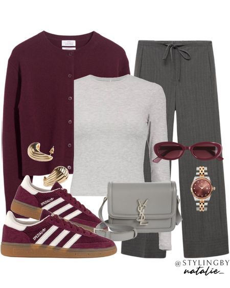 Dark Winter Fall Outfits, Grey Cardigan Office Outfit, Grey And Burgundy Outfits For Women, Casual Chic Work Outfit Office Wear, Burgundy Spezial Outfit, Work Autumn Outfits Women, Grey Samba Outfit, Samba Og Maroon Outfit, Burgundy Trouser Outfit Women