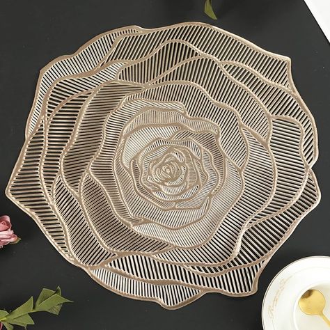 Amazon.com: Mabbcoo Gold Placemats Pressed Vinyl Round Placemats Set of 6 Pretty Rose Shape Design Washable Dining Table Decoration Mats for Birthday Holiday Party Wedding Kitchen Decor : Home & Kitchen Rose Pattern Design, Gold Placemats, Ceramic Shapes, Gold Table Setting, Dark Wood Table, Dining Table Decoration, Floral Placemats, Gold Coasters, Modern Color Schemes