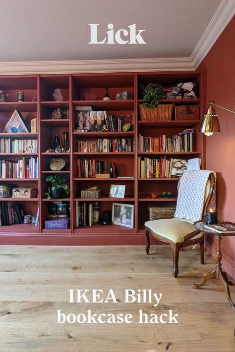 Ikea Bookcase Bedroom, Ikea Billy Bookcase Organization, Ikea Bookcase Upcycle, Ikea Book Case Hack, Cosy Bedroom Bookshelf, Burnt Red Living Room, Painted Ikea Billy Bookcase, Billy Bookcase Transformation, Upcycled Billy Bookcase