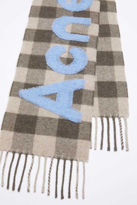 Fringe scarf features an all-over check pattern, contrast jacquard woven fil coupé Acne Studios logo, crafted from a rich wool blend. FN-UX-SCAR000397 Embroidered Scarf Handmade, Narrow Scarf, Check Logo, Embroidered Scarf, Logo Scarves, Branded Scarves, Studio Logo, Fringe Scarf, Scarf Hat