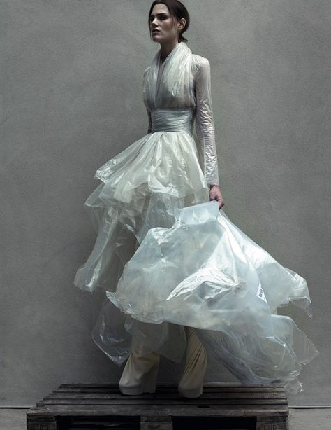 Pretty sure this is made of trash bags, or maybe even the plastic you put down when painting! hahahahaha Trash Fashion, Mode Editorials, Recycled Dress, Sculptural Fashion, Plastic Dress, Gareth Pugh, Recycled Fashion, Fashion Project, Upcycled Fashion