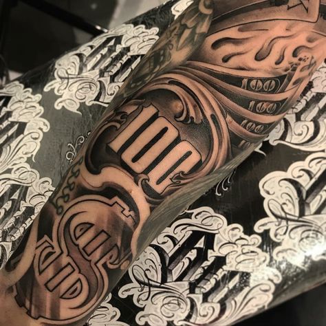 Money Sleeve Tattoos, Money Hungry Tattoo, Money Tattoo Ideas, Money Sign Tattoo, Money Tattoos, Tattoo Money, Money Rose Tattoo, Half Sleeve Tattoo Stencils, Tato Flash