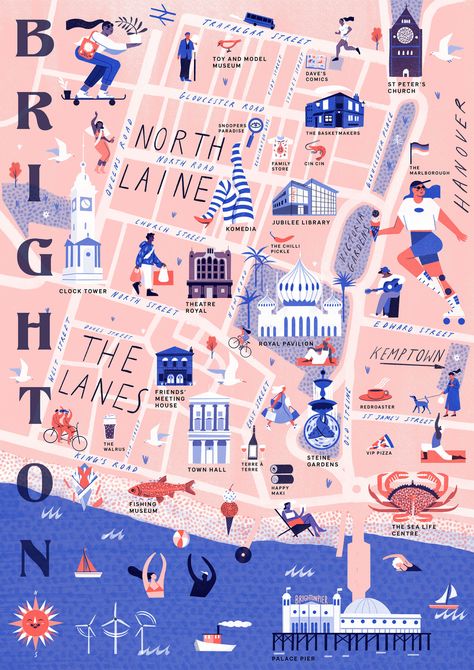 City Maps Illustration, Brighton Map, Town Drawing, Room Collage, Illustrated Maps, Infographic Map, Studio Workshop, Riso Print, Illustration Agency