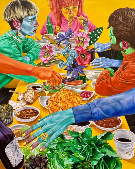 A vibrant painting using very saturated hues, depicting several people eating at a table Art Alevel, Ap Studio Art, Colossal Art, Visual Culture, Fictional World, A Level Art, Ap Art, 2d Art, Art Challenge