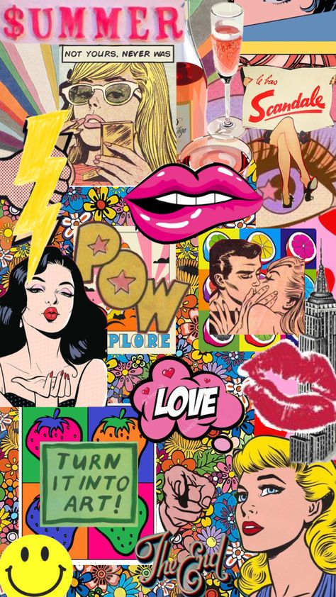 Pop art inspo #popart #wallpaper #vibes #70s Pop Art Fashion Aesthetic, Pop Culture Mood Board, Pop Art Phone Wallpaper, 70s Collage Art, British Pop Art, Pop Art Title Page, 70s Pop Art, Comic Aesthetic Pop Art, Pop Culture Wallpaper