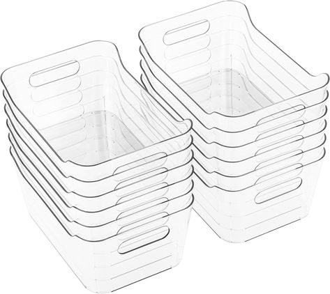 Multipurpose Bins: Designed to keep your pantry shelves neatly organized. Our clear organizer bins are great for home and office use for organization. Also use for the laundry room and bathroom. Expand your possibilities with our versatile clear organizer. Perfect Size: Our storage bin is 3.7L each. Suitable for all your home usage. Great help to organize your food, snacks, cleaning tools, towels even toys. Measurement: 10.5"x7.2"x4.5". Set of 12. Great Value. Pantry Organizer Ideas, Pantry Organizer, Pantry Shelves, Organizer Bins, Refrigerator Storage, Plastic Storage Bins, Pantry Shelf, Food Snacks, Container Organization