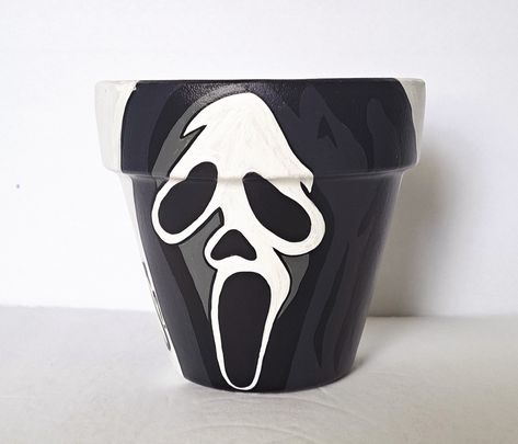 Scream "Ghostface" Custom Character Planter  H: 4" Diameter: 4"  Terracotta, handpainted, handcrafted with a sealed finish.  New! Creepy Garden, Flower Pot Indoor, Scream Ghostface, Ghostface Scream, Custom Character, Halloween Creepy, Indoor Planter, Terracotta Planter, Halloween Painting