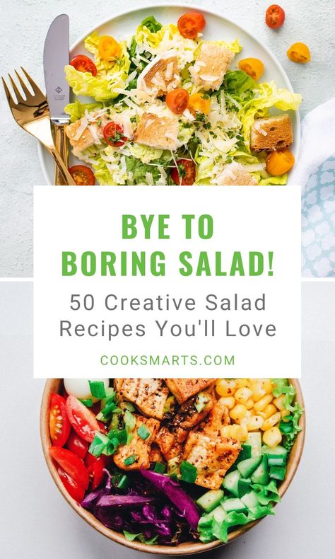 Bye to Boring Salad: 50 Creative Salad Recipes You’ll Love | Tired of the same old salad and looking for new salad ideas? We’ve got you covered with 50 simple and healthy salads for every season, along with some healthy salad dressing recipes. You’ll find salads for dinner as well as side dishes. With these healthy salad recipes, you’ll never get bored with salad again! | Cook Smarts #cooksmarts #saladrecipes #healthysaladrecipes #saladdressing #saladdressingrecipes #salads Simple Salad Ideas, Salad Combos, Salads For Dinner, Healthy Salad Dressing Recipes, Fancy Salads, Salad Dressing Recipes Healthy, Salad Inspiration, Simple Salad, Cook Smarts