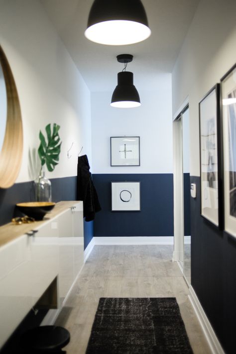 Condo Entryway, Small Condo Decorating, Painted Hallway, Blue Hallway, Navy Bedroom, Half Painted Walls, Hallway Paint, Hallway Colours, Small Condo