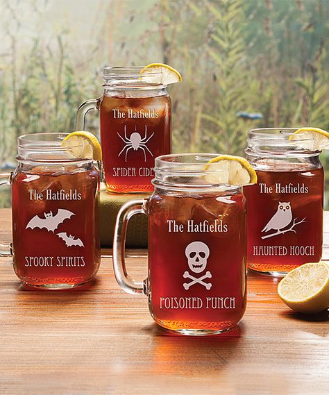 Halloween Personalized Mason Jar Glass - Set of Four #affiliate Starbucks Cups Collection, Mason Jar Drinking Glasses, Mason Jar Glasses, Halloween Mason Jars, Personalized Mason Jars, Wine Bottle Diy Crafts, Diy Father's Day Gifts, Personalized Kitchen, Wine Bottle Diy