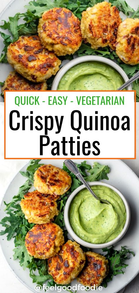 Side Dishes Vegetarian, Avocado Yogurt Dip, Leftover Quinoa, Avocado Yogurt, Quinoa Patties, Vegetarian Recipes For Beginners, Crispy Quinoa, Vegetarian Quinoa, Vegetarian Crockpot Recipes