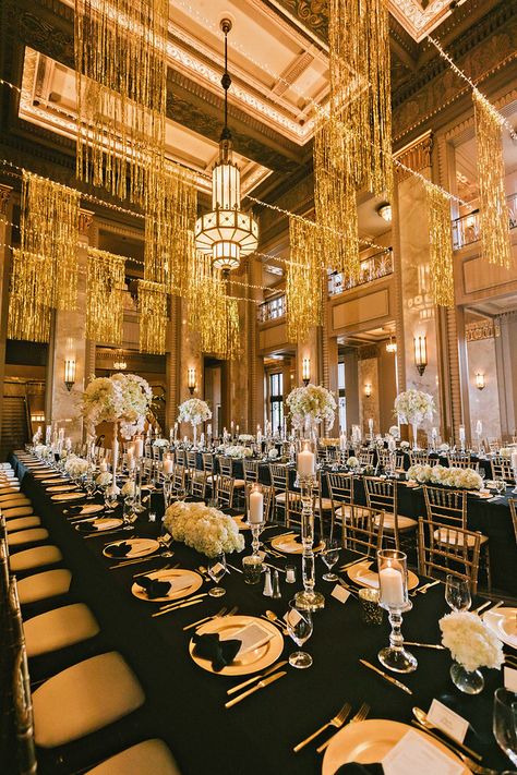 Stage At Wedding Reception, Prom Themes Roaring 20s, Theme For Formal Event, Prom Themes Great Gatsby, The Great Gatsby Table Decor, Great Gatsby Wedding Decor, Black And Gold Birthday Theme Decoration, Roaring 20s Table Decor, Great Gatsby Reception