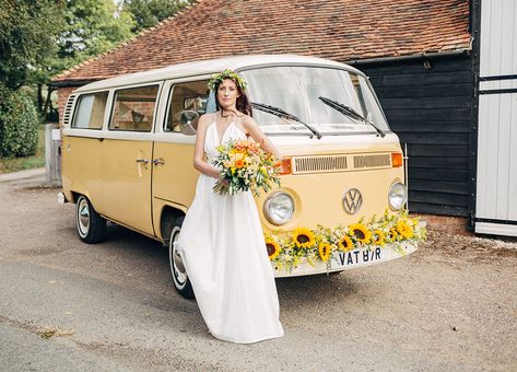 A bright and vibrant St Clements themed bridal shoot Sunflower Garland, Couple Shooting, Shooting Ideas, St Clement, Long Flowers, Wedding Party Table, Home Wedding Decorations, Wedding Hire, Vw Campervan