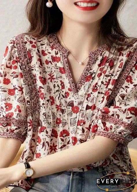 Natural Red V Neck Patchwork Print Silk Shirt Top Summer Patchwork, Bagh Print, Shirt Patterns For Women, Cotton Tops Designs, Tunics For Women, Dress Batik, Outfit Retro, Cotton Shirts Women, Linen Top Women