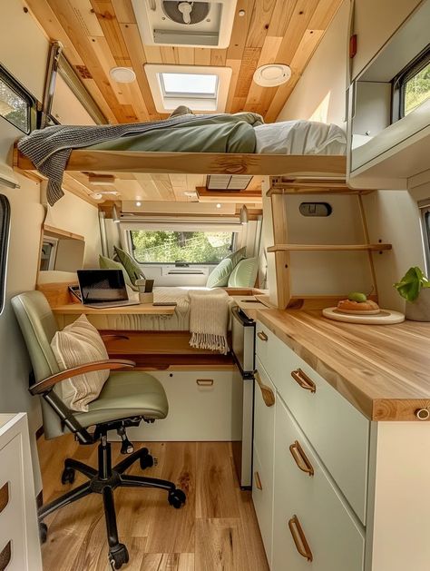 47 Remote Working RV Setup Inspo – TastyInteriors Rv Van Conversion, Bus Life Ideas, Tiny Home Bus, Rv Van Interior, Converted Camper Van, Converted Vans To Campers, Interior Van Designs, Van Life Interior Layout, Bus House Ideas