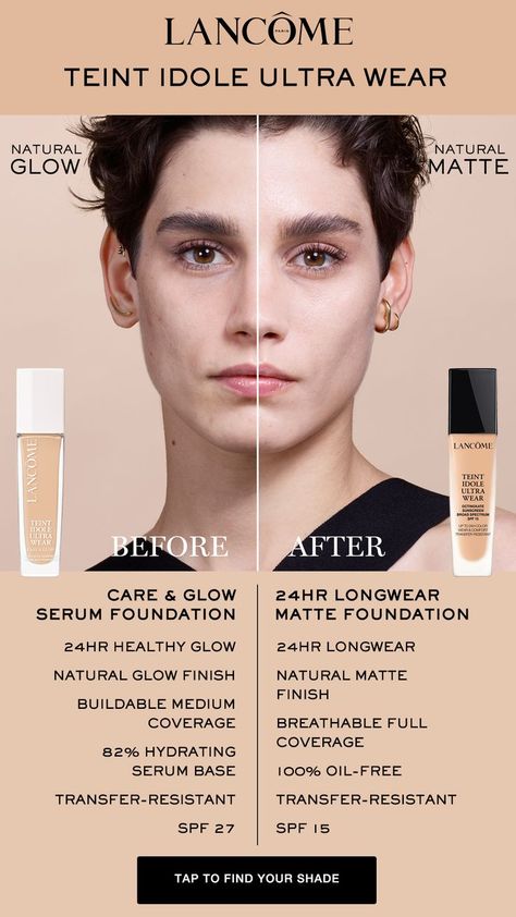 Glowing foundation versus a matte finish with Lancôme Teint Idole Ultra Wear. Lancome Teint Idole Ultra Foundation, Lancôme Foundation, Best Foundation For Combination Skin, Teint Idole Ultra Wear Foundation, Lancome Foundation, The Best Foundation, Serum Foundation, Skin Tint, Glow Serum