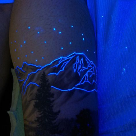 17+ Awesome Glow In The Dark Tattoos Visible Under Black Light | Bored Panda Dark Tattoos For Men, Uv Ink Tattoos, Invisible Tattoo, Black Light Tattoo, Mountain Range Tattoo, Glow Tattoo, Happiness Tattoo, Dark Tattoos, Uv Tattoo