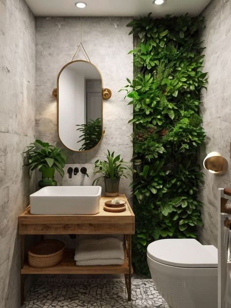 Plant Wall In Bathroom Ideas, Live Wall Bathroom, Tropical Decor Bathroom, White Bathroom Green Accents, Green Toilet Ideas, Cozy Guest Bathroom, Cute Half Bathroom Ideas, Plant Wall In Bathroom, Living Wall Bathroom