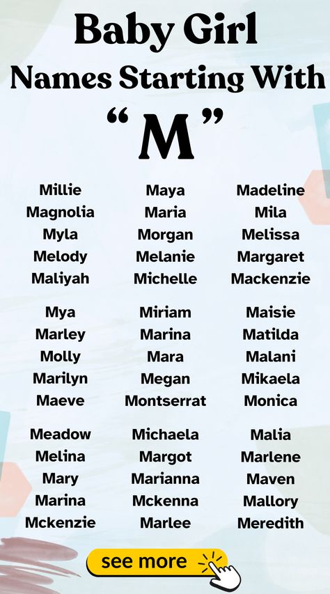 Charming baby girl names starting with M. Unique and lovely options for your little princess.

#BabyNames  #MNames M Names For Girls, M Female Names, M Girl Names, C Baby Boy Names, Cute Unique Baby Names, M Baby Girl Names, List Of Girls Names, Baby Name Generator, Baby Girl Names Unique