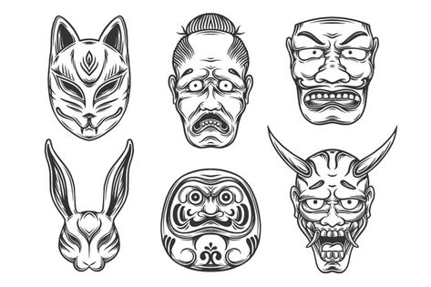 Conjunto de diferentes ilustraciones de ... | Premium Vector #Freepik #vector #cara #tatuaje #japones #mascara Cultural Masks, Japanese Oni, Kitsune Mask, Daruma Doll, Japanese Dragon Tattoos, Japanese Mask, Totem Poles, Oni Mask, Mask Tattoo