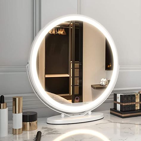 Amazon.com - LVSOMT Vanity Makeup Mirror with Lights, 3 Color Lighting Dimmable LED Mirror, Touch Control, 360°Rotation, High-Definition Large Round Lighted Up Mirror for Bedroom Table Desk (White) - Vanity Makeup Mirror, Makeup Vanity Mirror With Lights, Vanity Mirror With Lights, Shaving Mirror, Desk Mirror, Circle Mirror, Decorative Mirrors, Makeup Vanity Mirror, Vanity Makeup