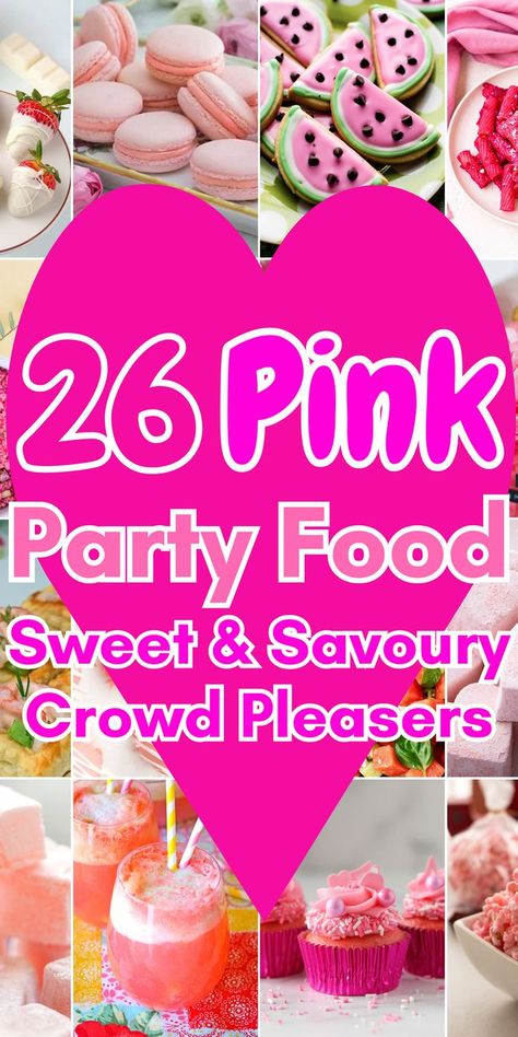 Pink is the colour of the moment thanks to Barbie and a Gen Z obsession with Y2K style, so let's embrace the colour pink when planning our next kids or teen birthday party by preparing some wonderfully pink party food. Add a splash of pink colour with pink savoury party food, pink sweet treat party food, pink snacks, pink dips, pink donuts, pink turkish delight, pink marshmallow, pink cupcakes, perfect for teen sleepover / slumber party, tween party, tea party menu, tea party food ideas Pink Food And Drinks, Pink Party Dessert Table, Pink Ideas For Color Party, Savoury Pink Foods, Pink Color Party Ideas Food, Pink Savory Food Ideas, Pink Party Snack Ideas, Pink Snacks For Birthday Party, Pink Party Food Ideas Snacks