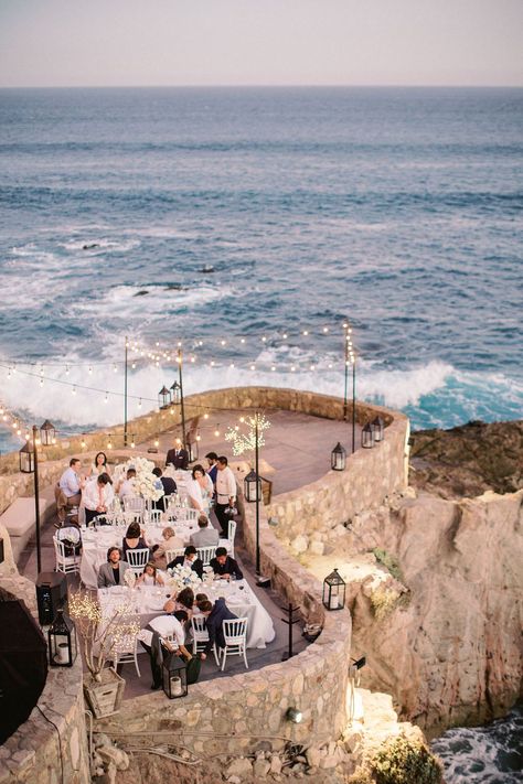 Disney-inspired destination wedding with white roses in Cabo, Mexico Cliff Wedding, Sunset Beach Weddings, Oceanfront Wedding, Los Cabos Wedding, Jamaica Wedding, Negril Jamaica, Beautiful Outdoor Wedding, Cabo Weddings, Wedding Chicks