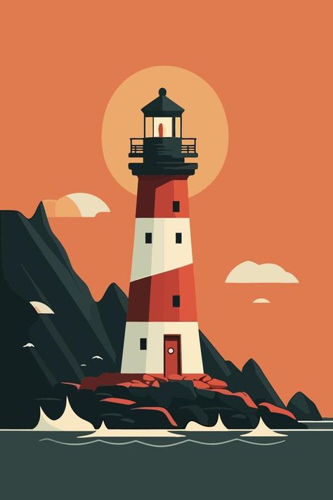 Lighthouse on the rocks. Vector illustration in flat cartoon style. Graphic Vector Design, Vector Stickers Illustrations, Cartoon Graphic Design Illustration, Flat Digital Art, Vector Poster Illustration, Vector Art Poster, Vector Art Style, Illustrator Art Vector, Lighthouse Vector Illustration