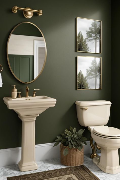 Small Green Bathroom Decor, Small Bathroom Ideas Dark Green, Green Gold Bathroom Ideas, Green Panelled Bathroom, Forrest Green Bathroom, Dark Green Gold Bathroom, Green And Bronze Bathroom, Small Business Bathroom Ideas, Dark Green Toilet Room