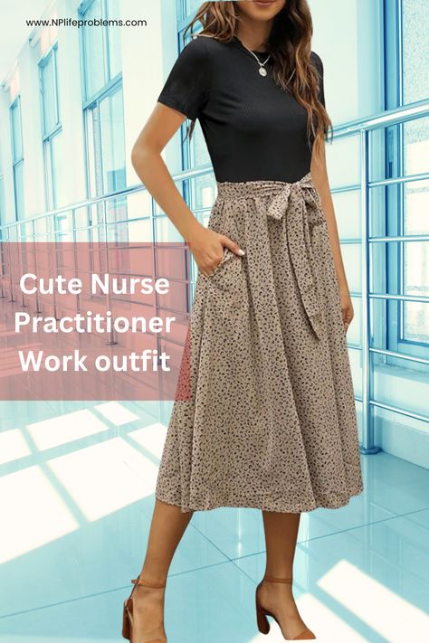 This elegant and modest work dress is perfect for nurse practitioners! The breathable fabric and chic design make it a go-to choice for those sunny days at the clinic. ☀️💉 #NursePractitionerStyle #ClinicFashion #ProfessionalAttire #SummerWorkDress #NursingFashion #DressForSuccess #NurseLife #MedicalProfessional #NursingStyle 👗💉👠 Affiliate disclosure: This post may contain affiliate links, which means we may earn a small commission if you make a purchase through our links. Nurse Practitioner Outfits Work Attire, Nurse Practitioner Outfits, Clinic Outfits, Modest Business Casual, Summer Work Dress, Cute Work Outfit, Business Casual Work Outfits, Classy Summer Dress, Summer Dress Short