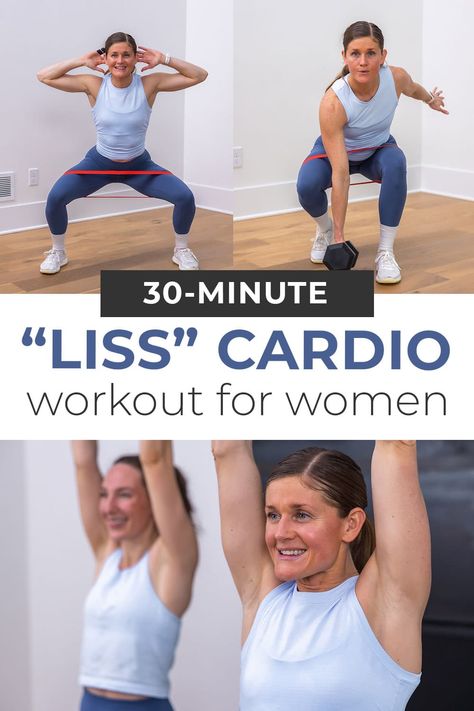 Get your heart pumping, build muscle and burn calories at home with this "strength and steps" LISS cardio workout! LISS (low-intensity steady-state) training is an accessible and joint-friendly way to get fit at home. This all-standing workout is a great way to get your daily steps in as well - I personally got over 2,000 steps during today's workout. Low Impact Strength Training At Home, Low Intensity Workout At Home, Nml Workouts, Liss Cardio Workout, Workout Steps, Liss Cardio, Cardio With Weights, Cardio Workout Plan, Get Fit At Home