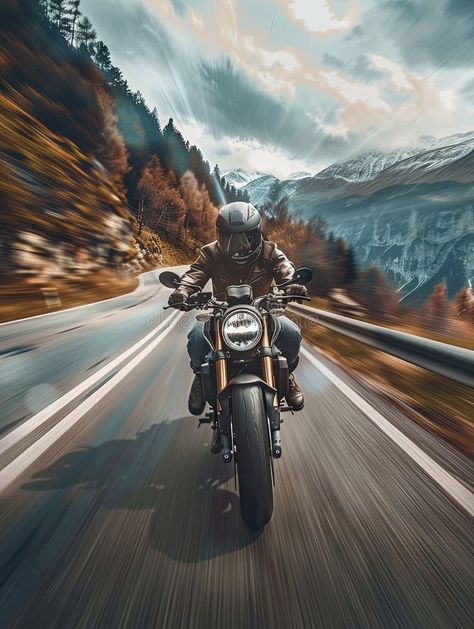 A man on a motorcycle races through a winding mountain road, with motion blur highlighting the speed of the journey stock photo Riding On A Motorcycle, Man On A Motorcycle, Motorcycle Ads, Running Photos, Scenic Roads, Beach Road, Motion Blur, Mountain Road, Bike Tire