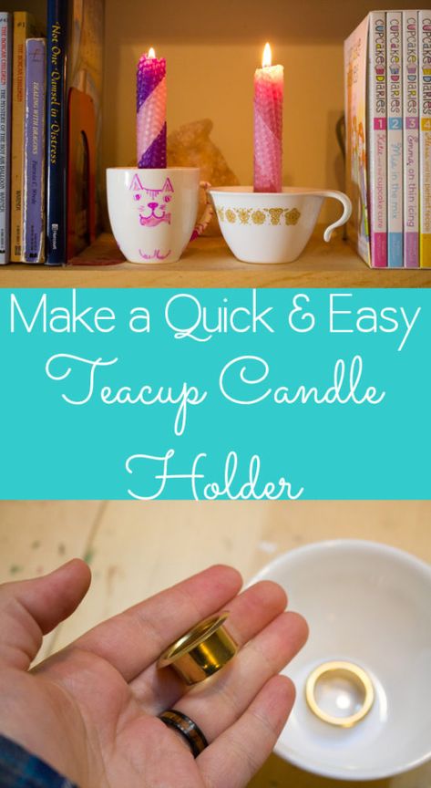 Teacup Crafts Diy, Easy Homemade Candles, Diy Taper Candle Holders, Homemade Candle Holders, Diy Candle Stick Holder, Chime Candle Holder, Cupcake Diaries, Candle Holder Crafts, Teacup Candle