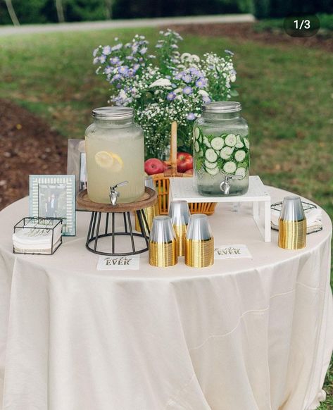 Backyard Engagement Party Ideas Decorations Drink Stations, Engagement Party Garden Ideas, Backyard Party Drink Station, Small Party Table Decor, Drink Corner Party, Bar Table Decor Ideas Party, Outside Engagement Party Ideas, Backyard Bar Party, Bridal Shower Sitting Area